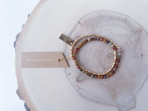 Gold and Artistic Jasper Gemstone Double Wrap Bracelet