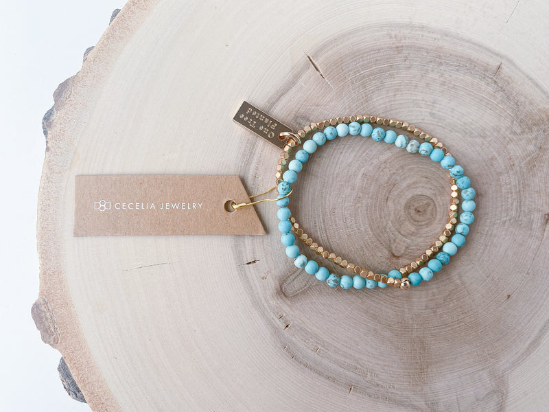 Gold and African Turquoise Gemstone Double Wrap Bracelet