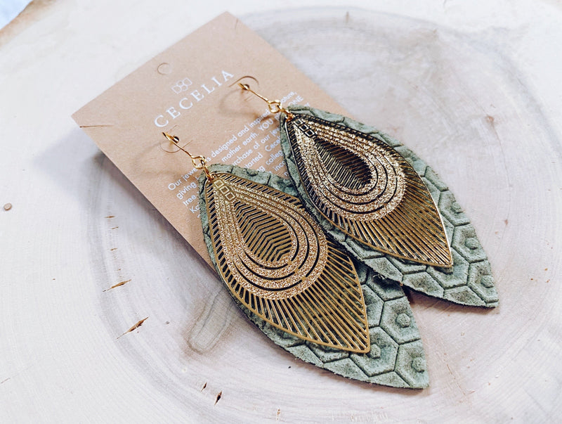 Sage Filigree Feather Leather Earrings