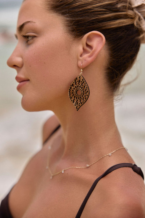 Feather Wood Earrings in Mandala