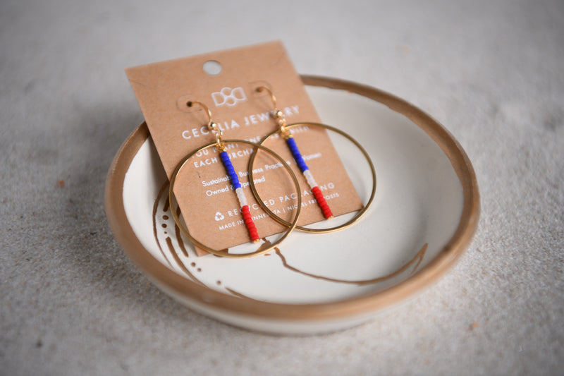 Patriotic Drop Hoop Seed Bead Earrings