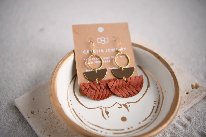 Flora Natural Leather & Gold Double Half Moon Earrings