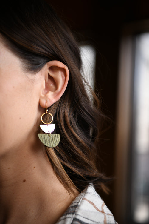 Flora Sage Leather & Gold Double Half Moon Earrings
