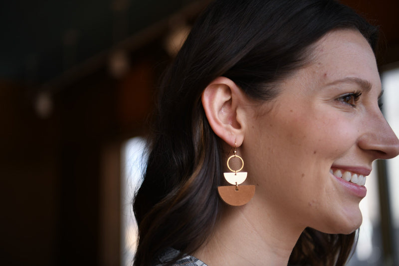 Flora Black Leather & Gold Double Half Moon Earrings