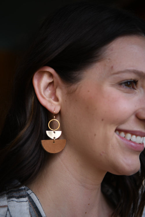 Flora Natural Leather & Gold Double Half Moon Earrings
