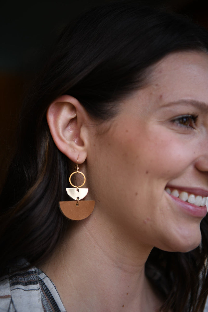 Flora Black Leather & Gold Double Half Moon Earrings