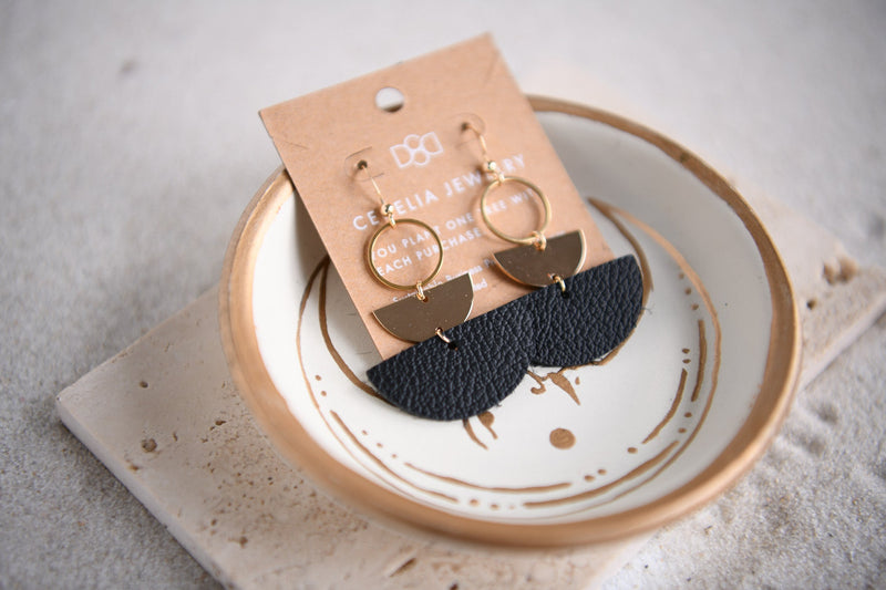 Flora Rust Leather & Gold Double Half Moon Earrings