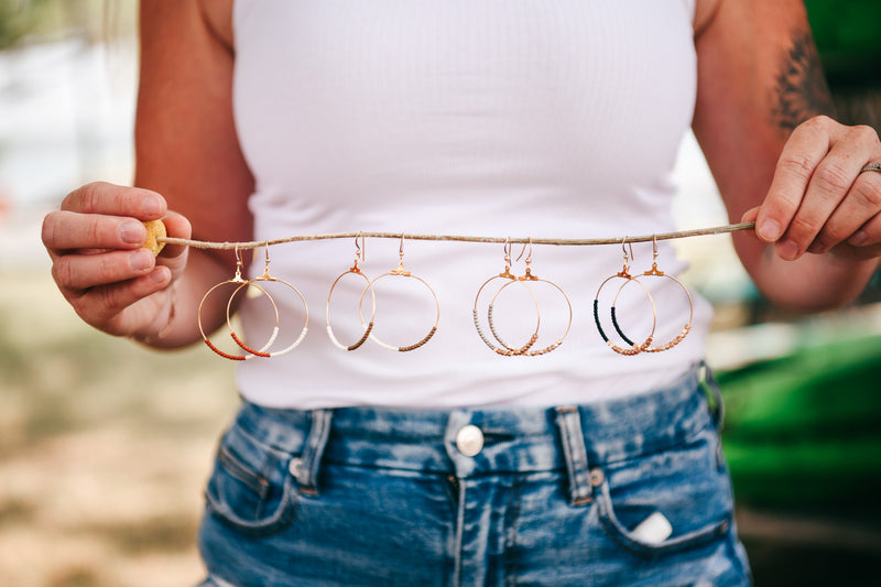 Boho Seed Bead Half & Half Hoop Earrings in Cream and Bronze