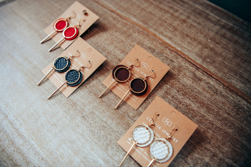 Round Bar Drop Leather Earrings